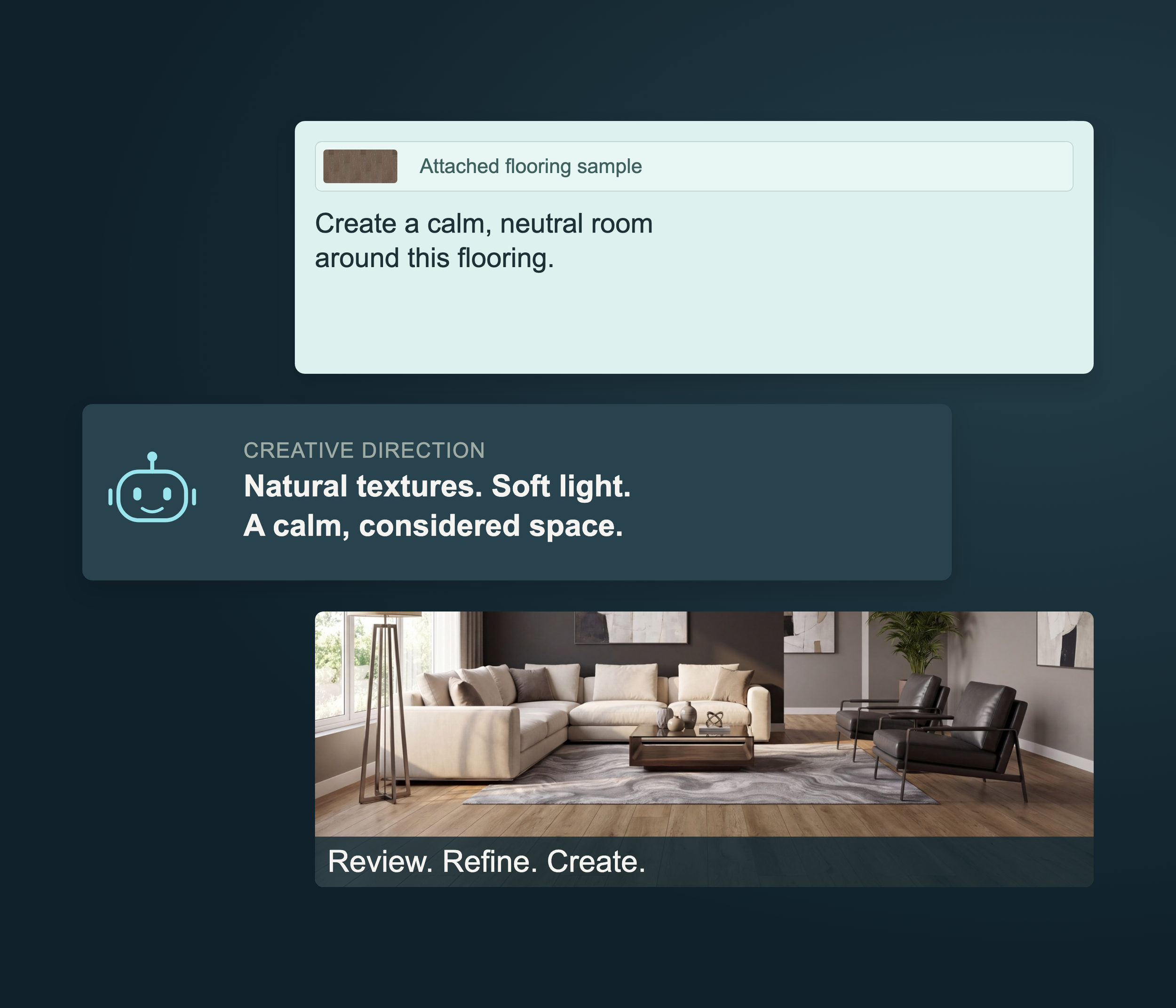 Lenscore Agent Mode: a conversational creative brief with a calm interior visual.