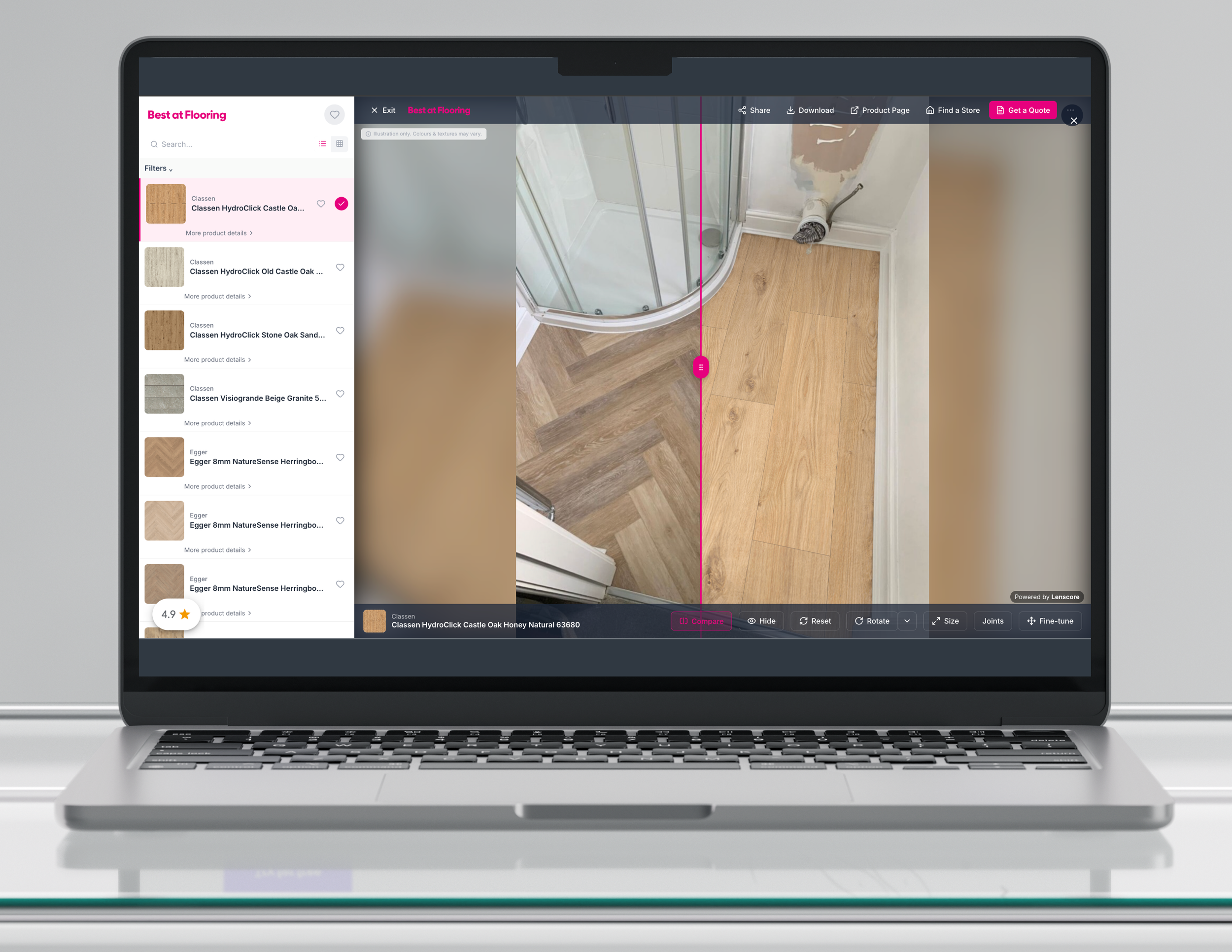 Front-facing MacBook showing Best at Flooring TrueView, with the bathroom demo room and a halfway flooring comparison.