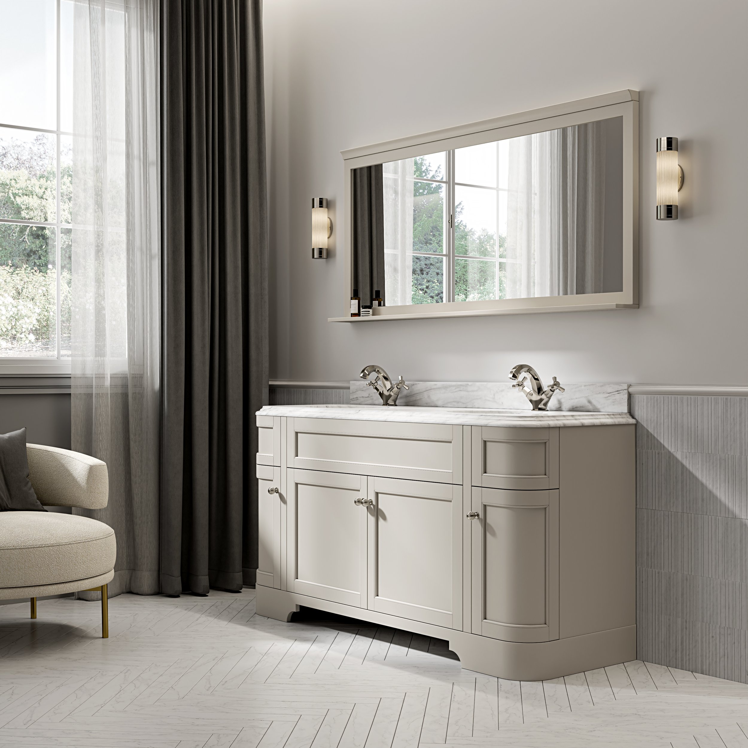Elegant double sink vanity unit in a soft ivory finish, featuring a marble countertop, polished nickel taps, and open cabinet doors revealing neatly organised shelves with towels, toiletries, and spa essentials.