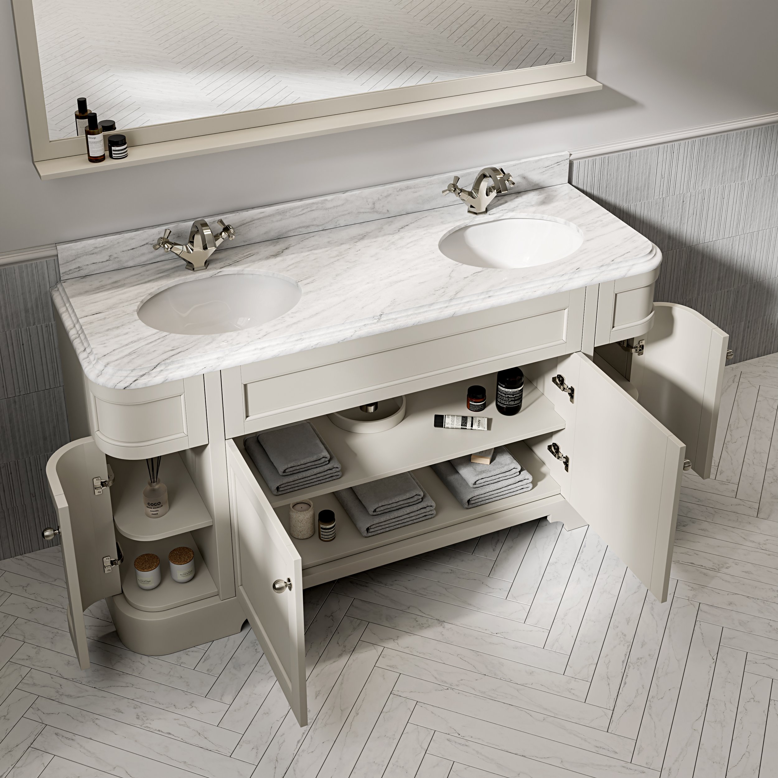 Luxury double basin vanity unit with curved marble top and open cabinet doors, showcasing refined craftsmanship and integrated storage solutions for high-end bathroom interiors.