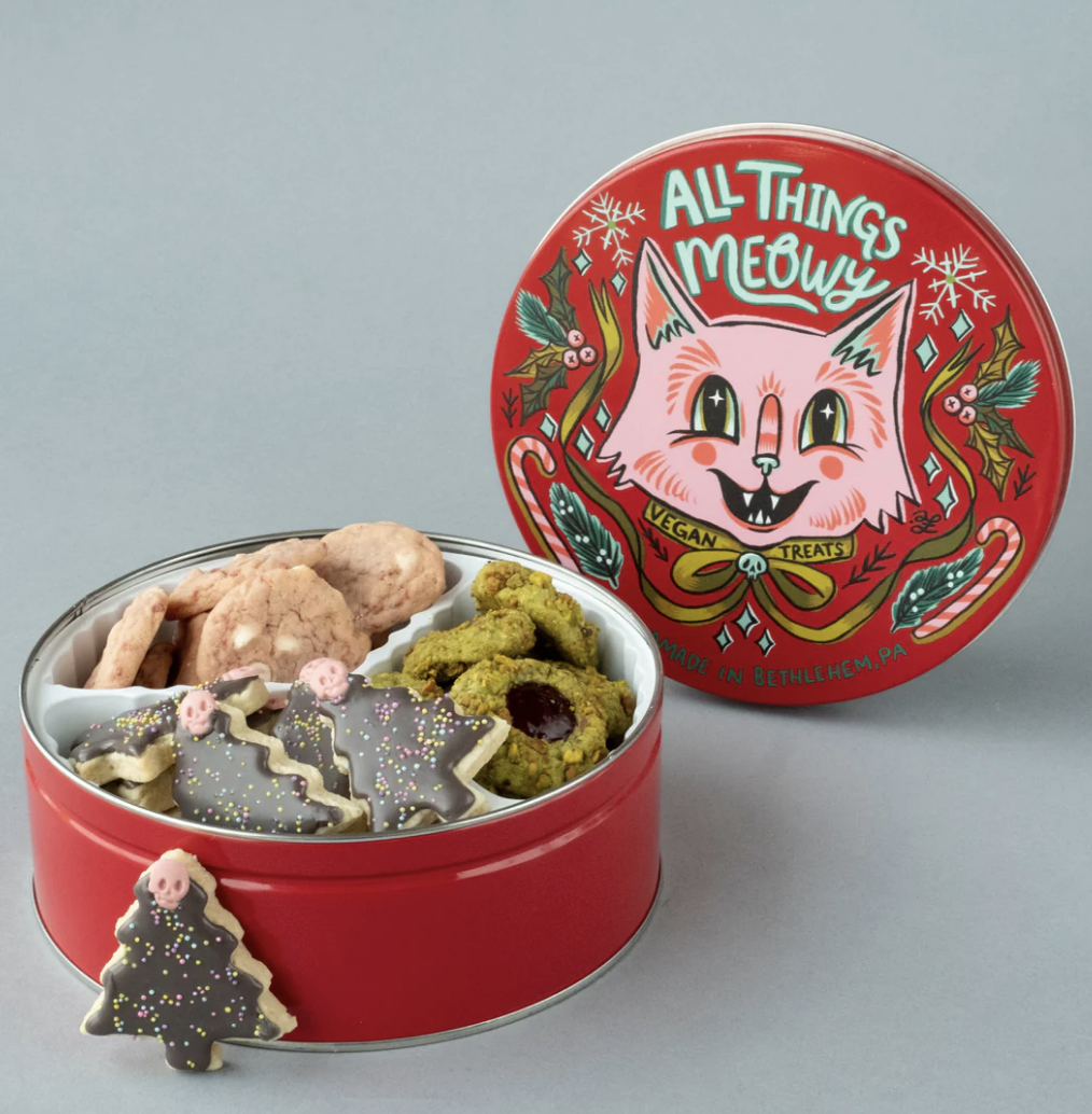 Vegan Treats Holiday Cookies- All Things Meowy Red Tin $69.95