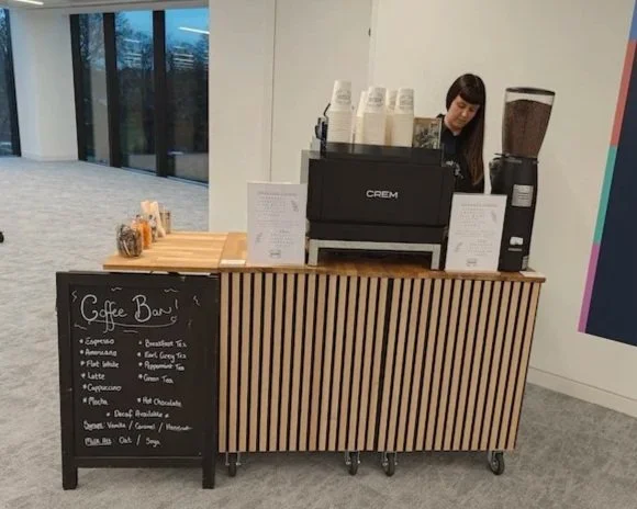 Corporate office coffee bar setup for large team event