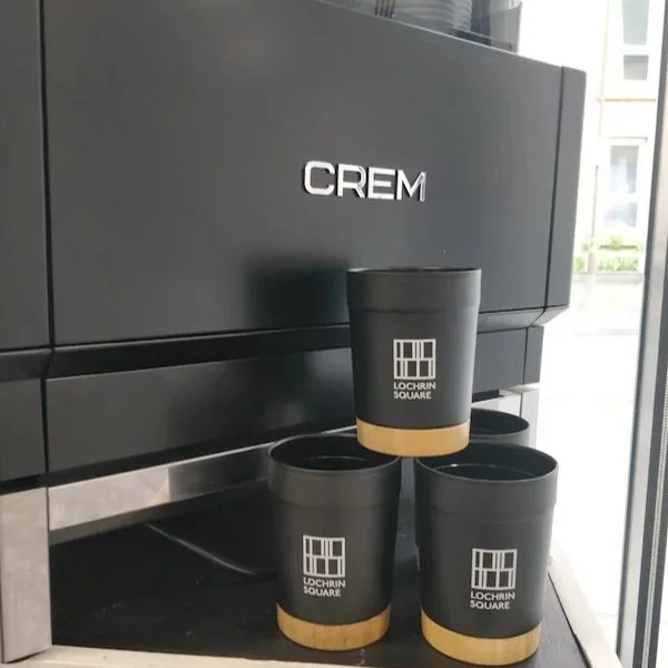 Hireable coffee bar with custom reusable coffee cups in Central Scotland office