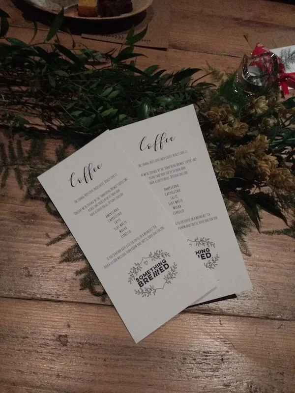 Custom coffee menu designed for wedding coffee bar service