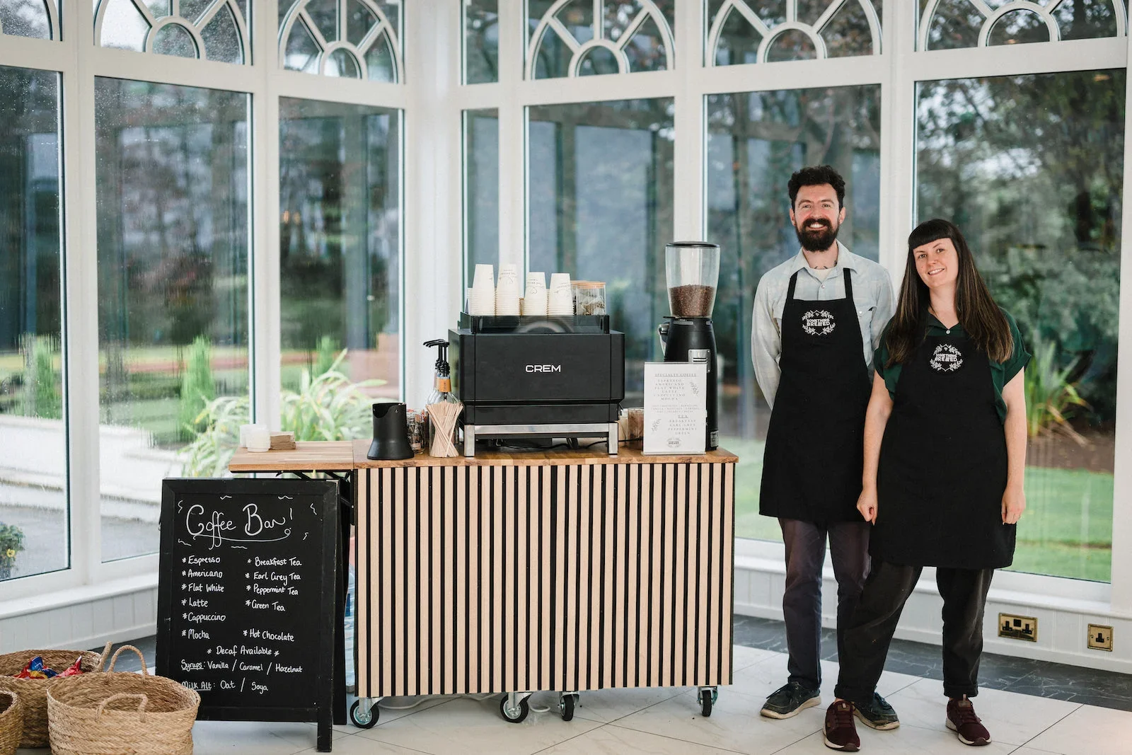 Mobile wedding coffee bar hire set up at Scottish wedding venue with baristas