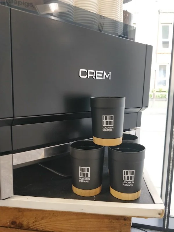 Hireable coffee bar with custom reusable coffee cups in Central Scotland office