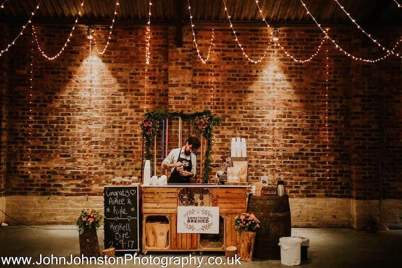 Coffee bar hire for relaxed barn wedding celebration