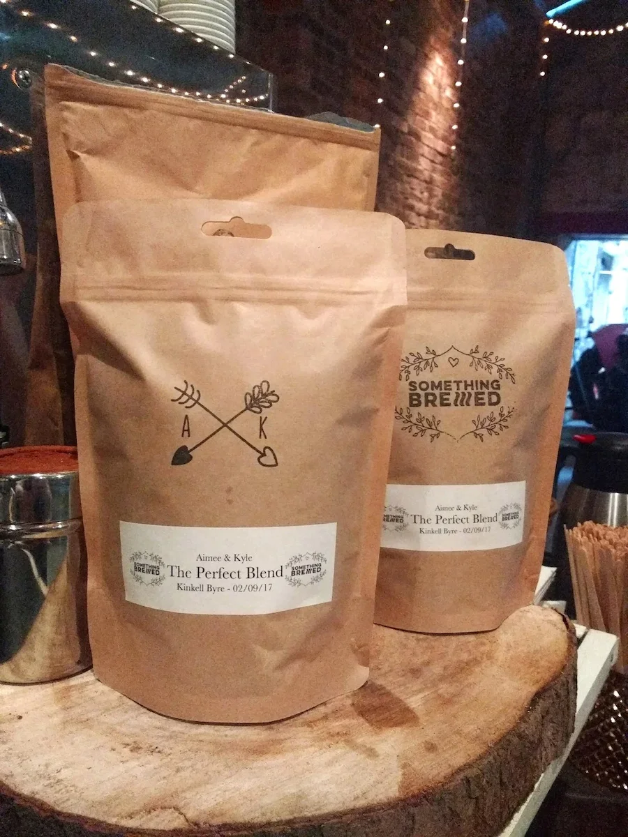 Personalised coffee bag with custom stamp for wedding coffee bar