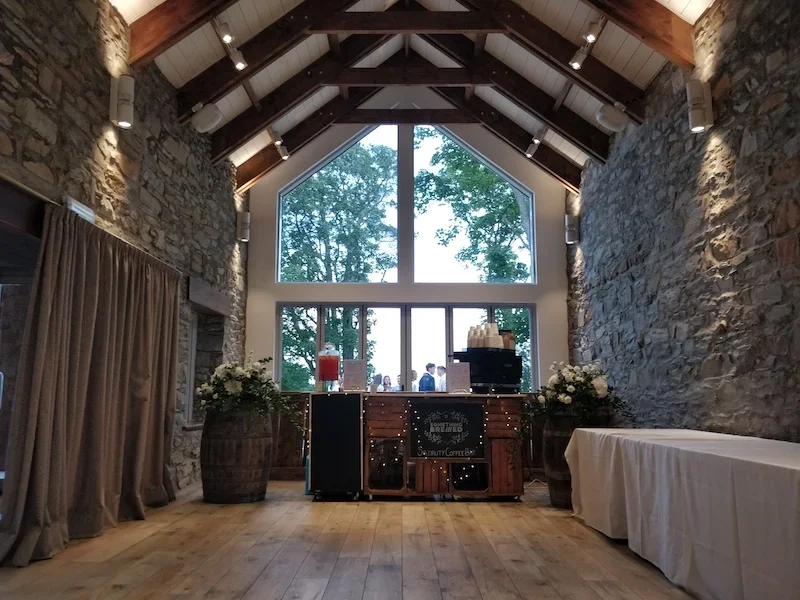 Wedding coffee bar inside converted barn venue Scotland