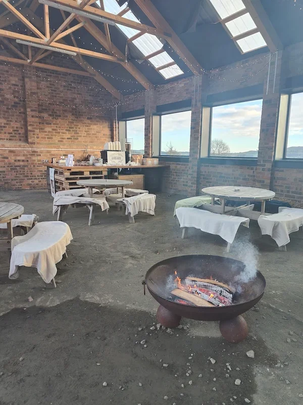 Mobile wedding coffee bar in outdoor barn 
hire set up at a Scottish wedding venue