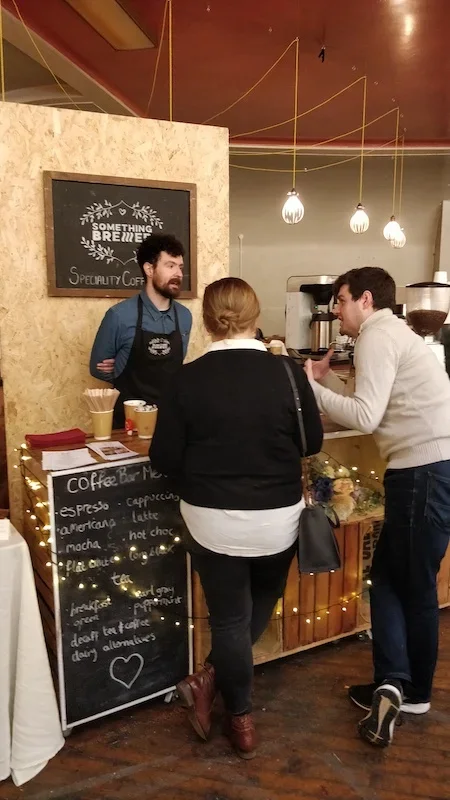 Evening wedding coffee bar serving guests after dinner
