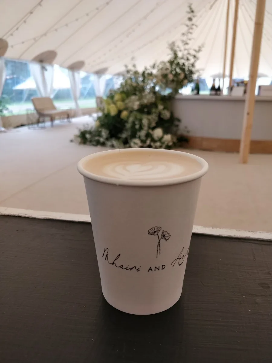 Personalised stamped coffee cups with custom wedding branding