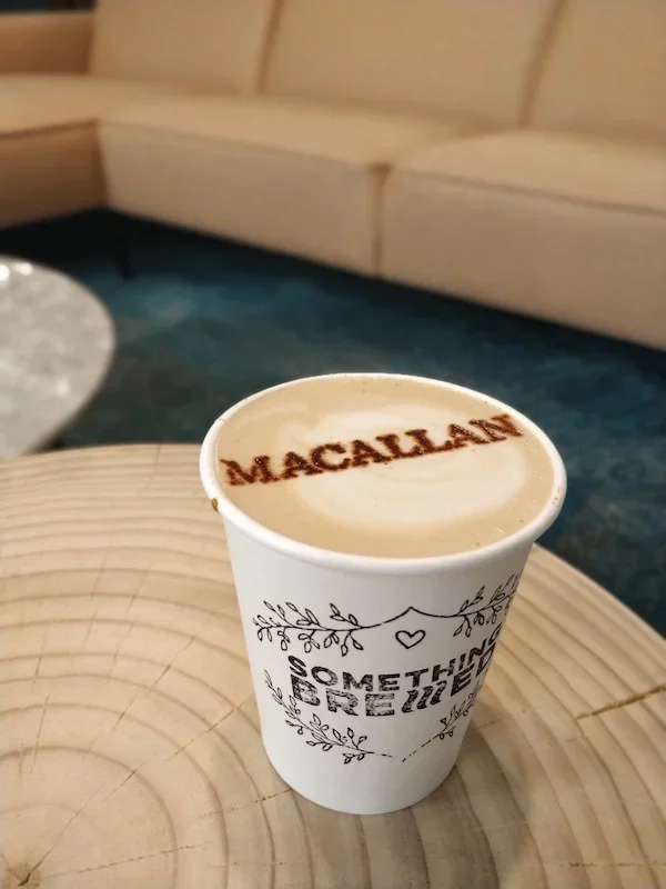 Custom coffee wedding name chocolate stencil for hirable coffee bar in Scotland