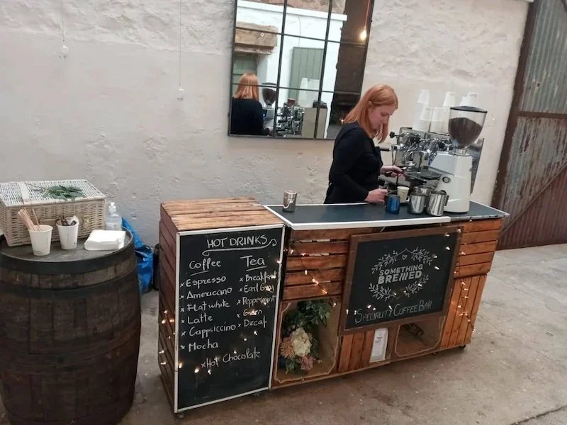 Coffee bar hire at rustic barn wedding venue in Scotland