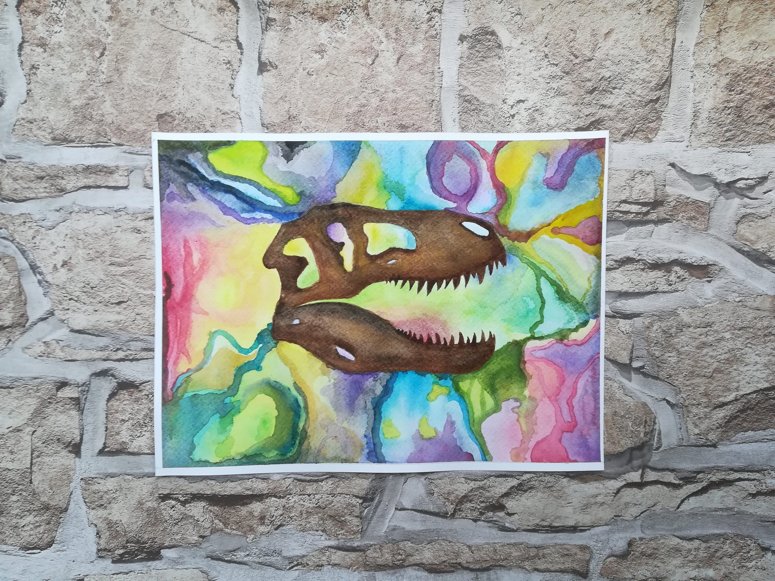 Pastel Rainbow Droplets - Tyrannosaurus-rex Skull Original Watercolour Painting