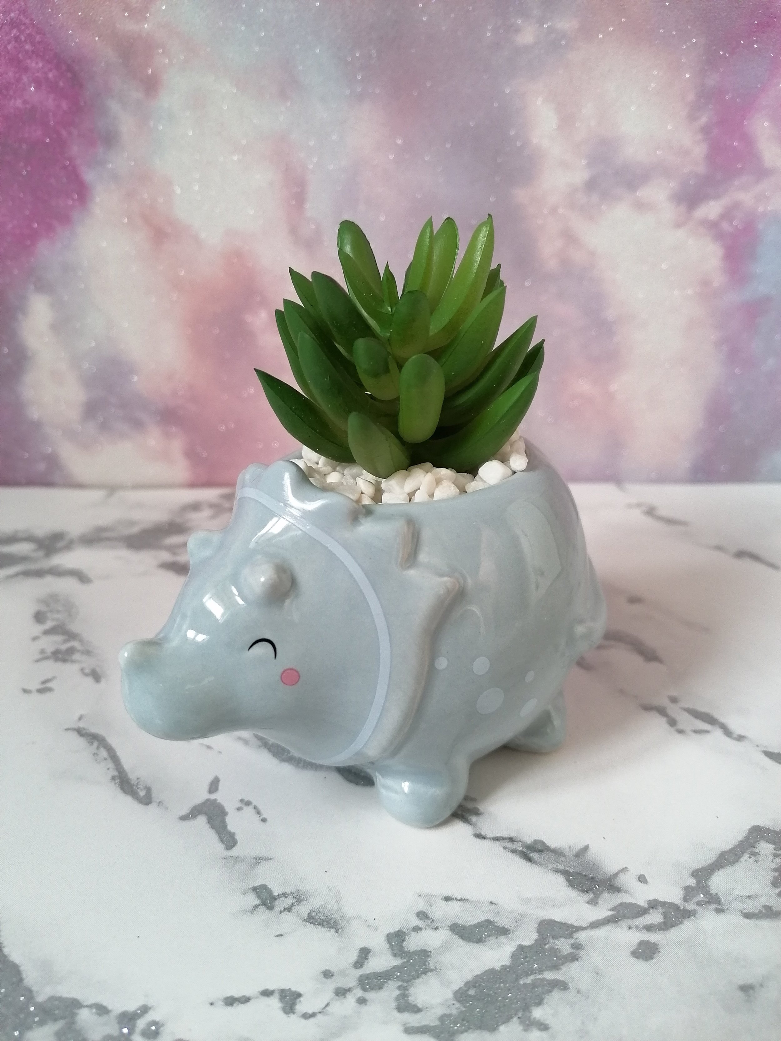 Ceramic Blue Triceratops Planter