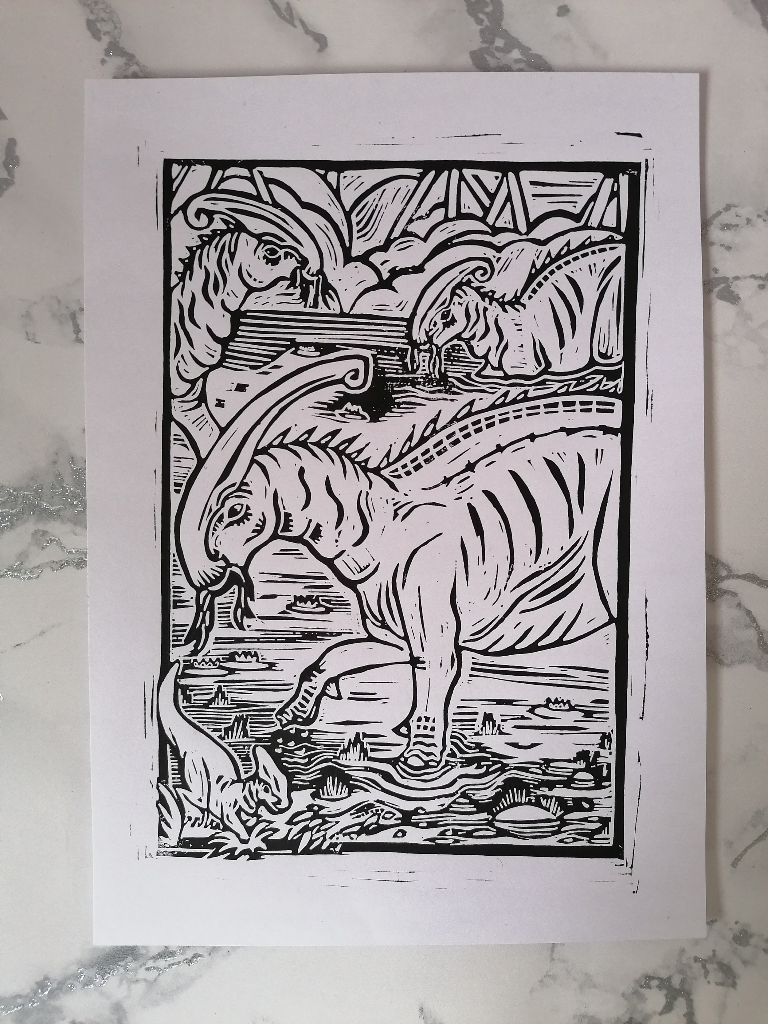 Parasaurolophus - Lino Print White Card
