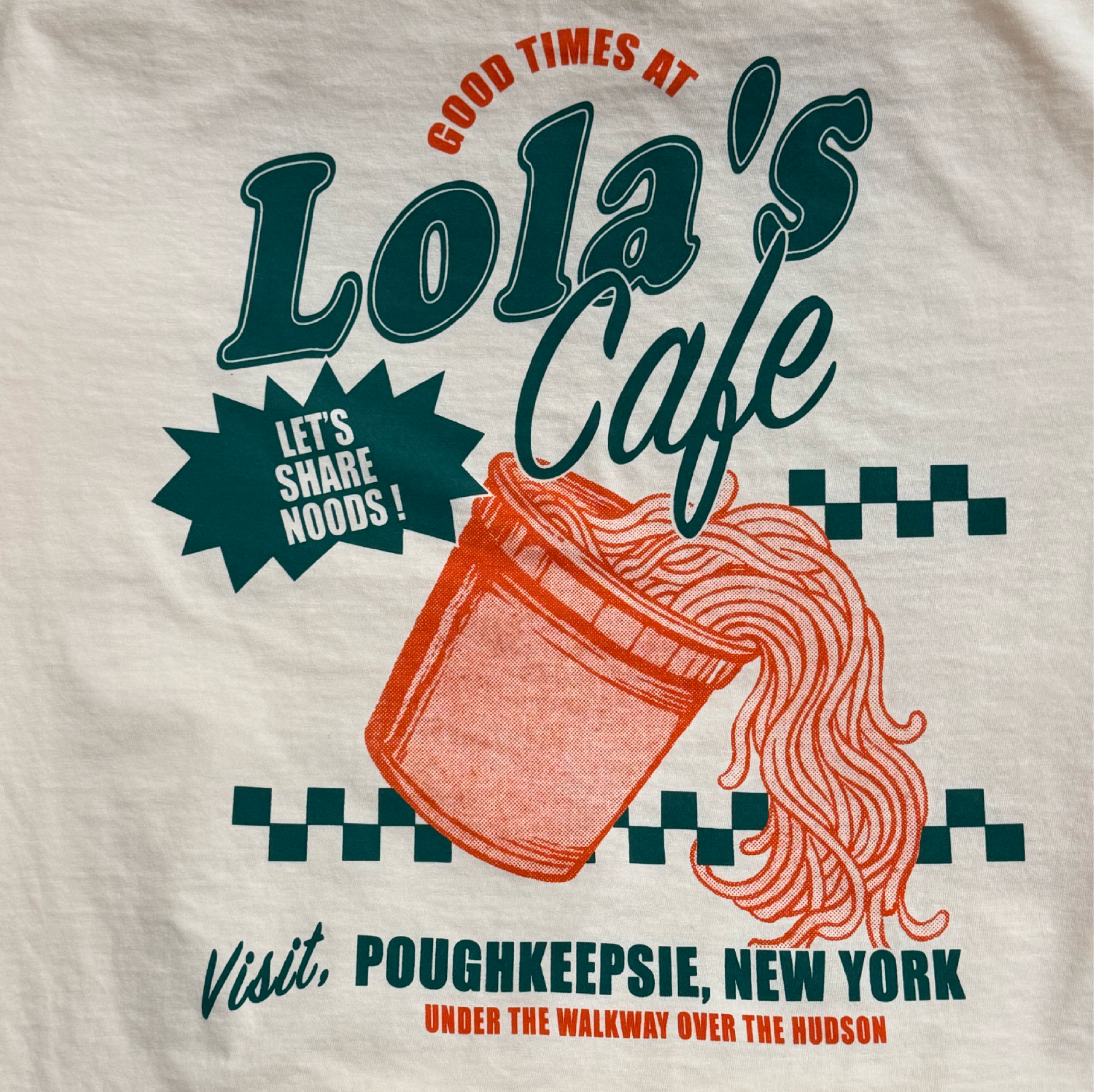 Text graphic with phrases like 'Good Times At Louie's' and 'Let's Share Food!' along with an illustration of a lobster; mentions visit to Poughkeepsie, New York, under the Walkway over the Hudson.
