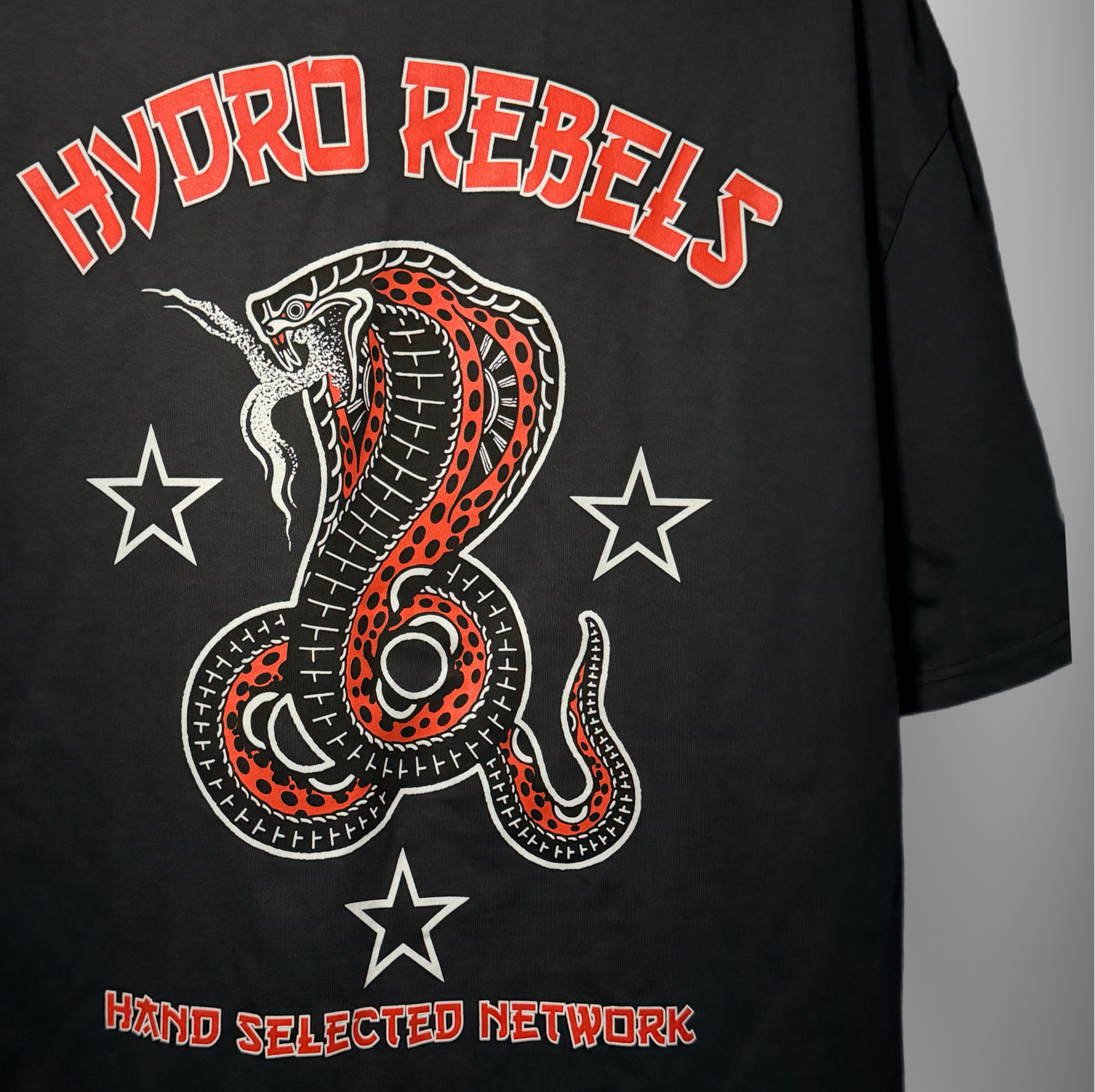 Black t-shirt with red and white text that reads 'HYDRO REBEL' above a design of a coiled snake and white stars, with additional text at the bottom that says 'HAND SELECTED NETWORK'.