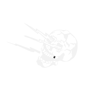 A white skull with lightning bolts shooting through it on a black background.