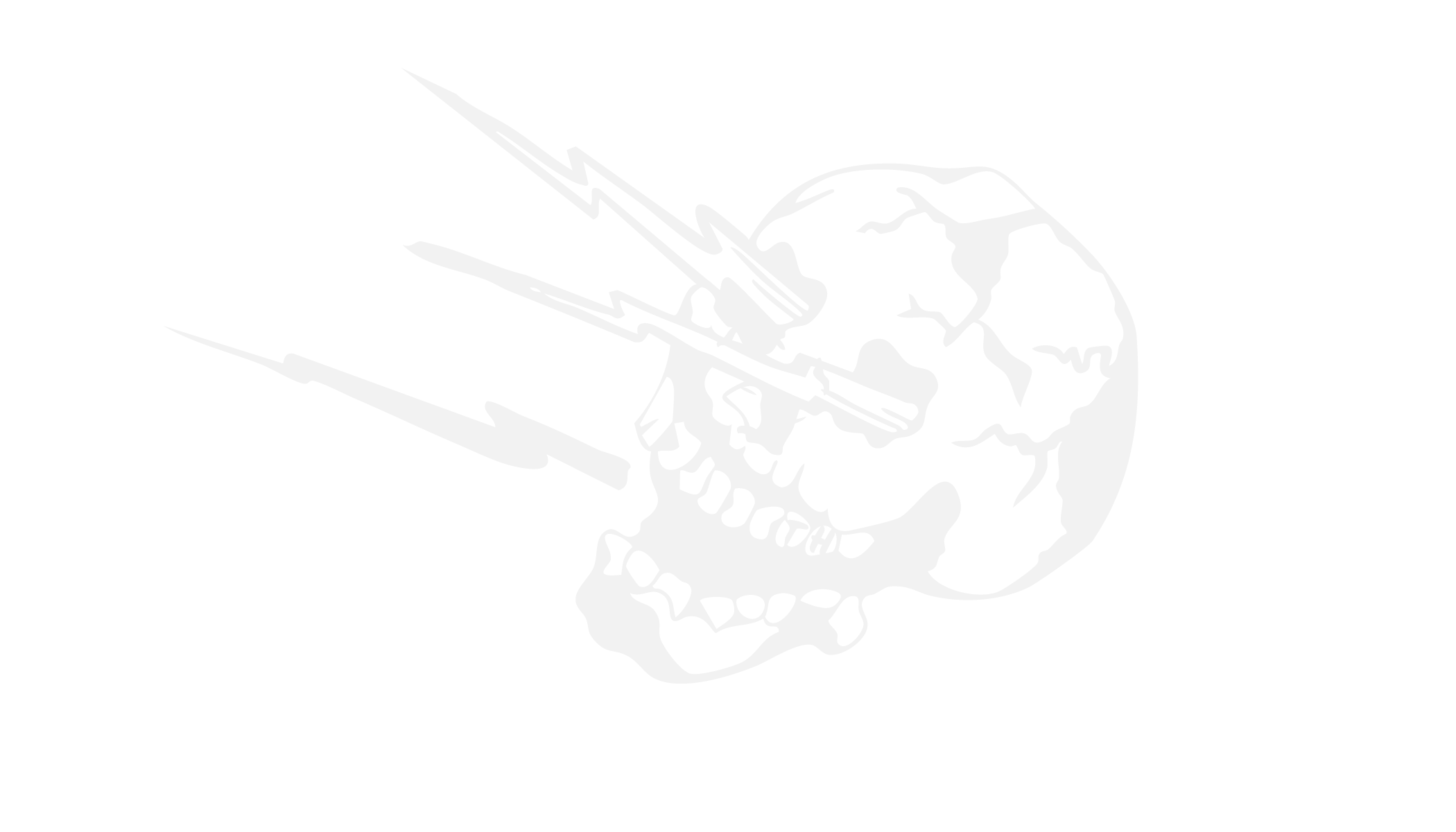 A white skull with lightning bolts and a sword crossing through it, set against a black background.