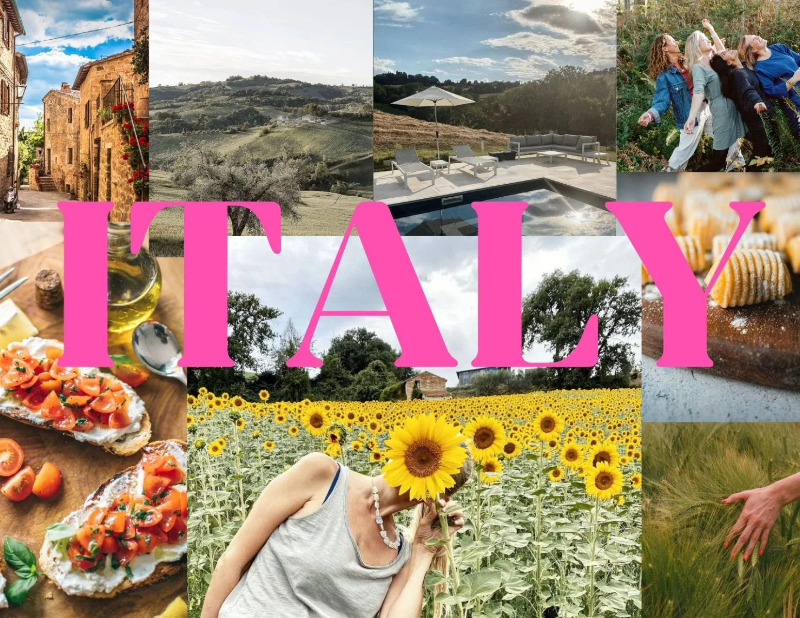 Collage of outdoor scenes, food, and a woman in a sunflower field with the word 'ITALY' written across.