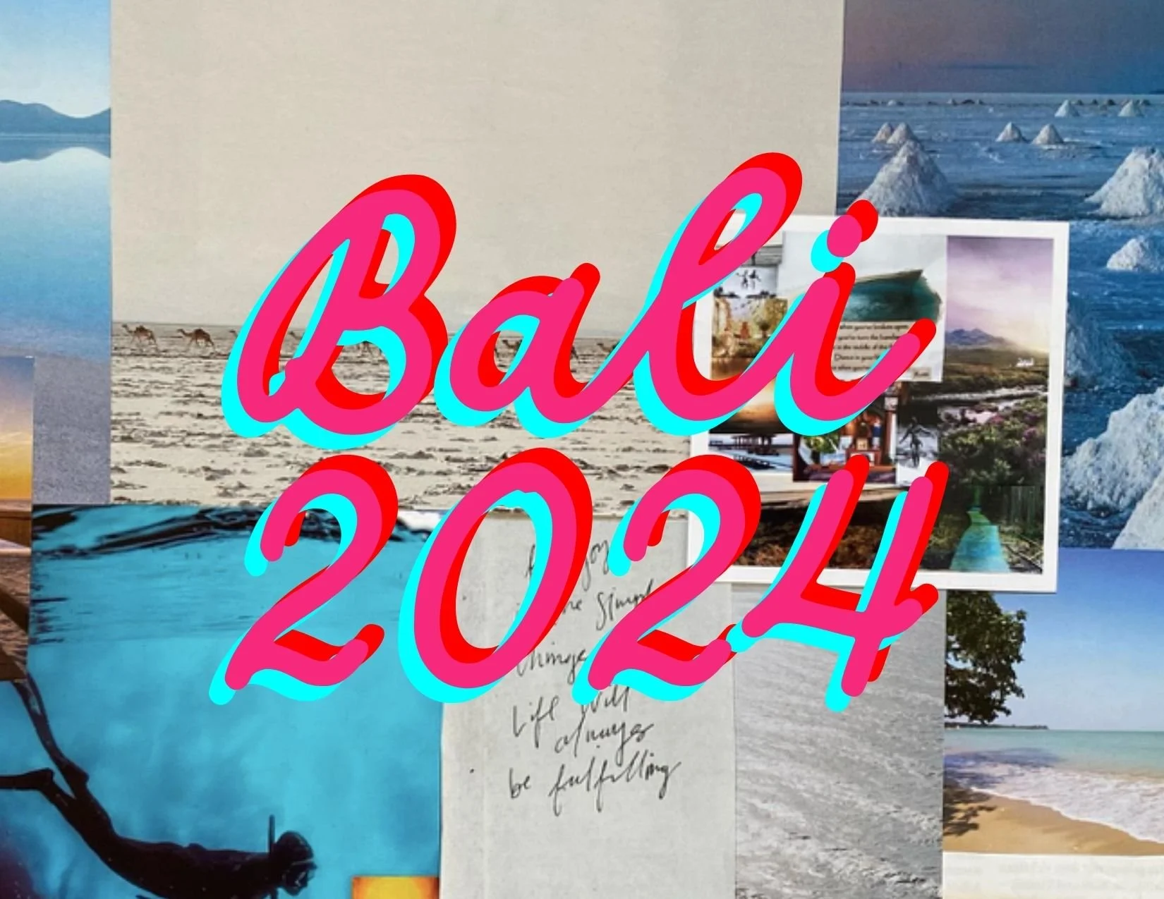 A collage of travel and nature photos with the text 'Bali 2024' in pink and blue in the center.