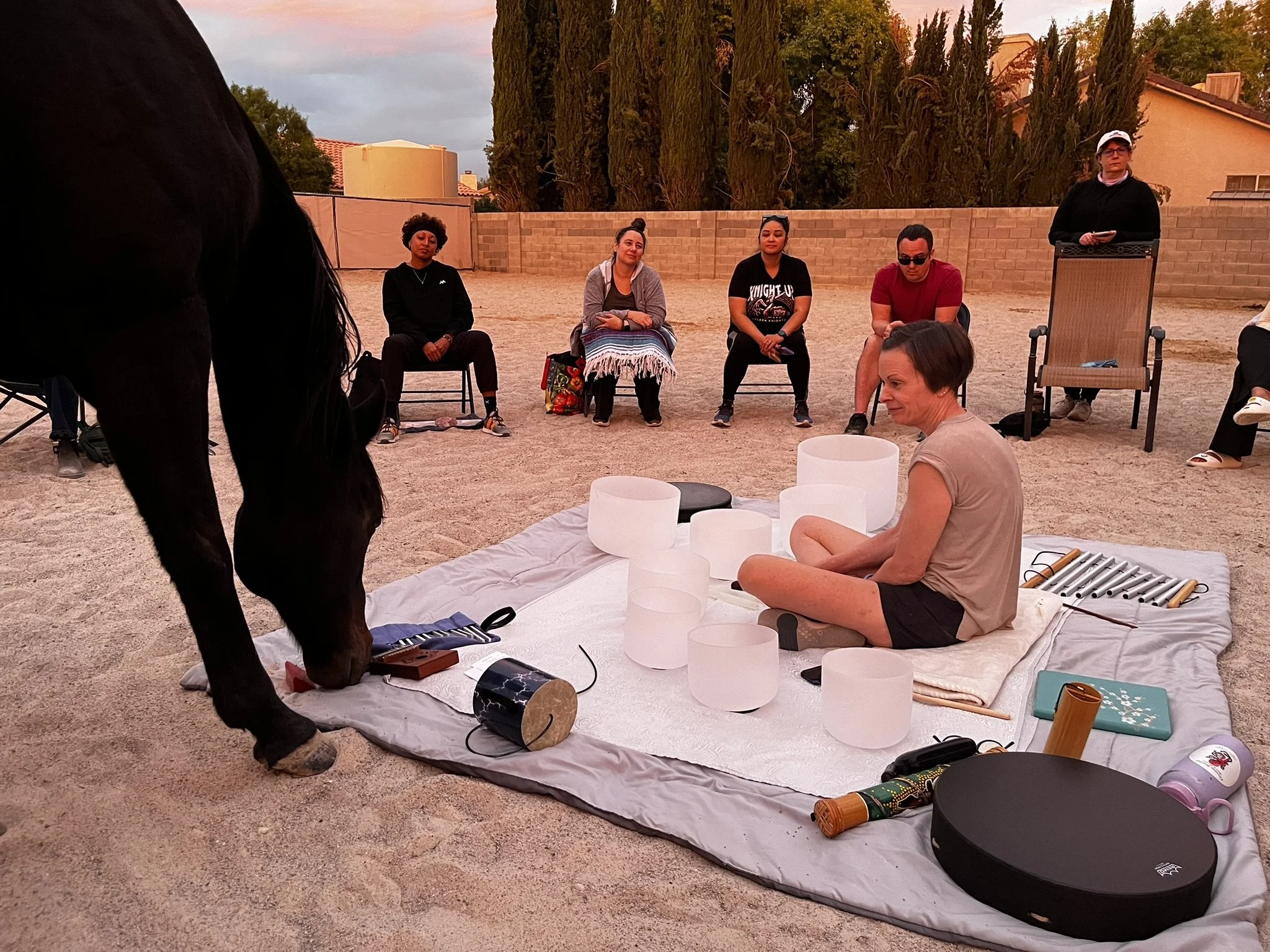 A woman sitting cross-legged on a blanket playing crystal singing bowls outdoors, surrounded by onlookers sitting and standing nearby, with a pink sky and trees in the background.