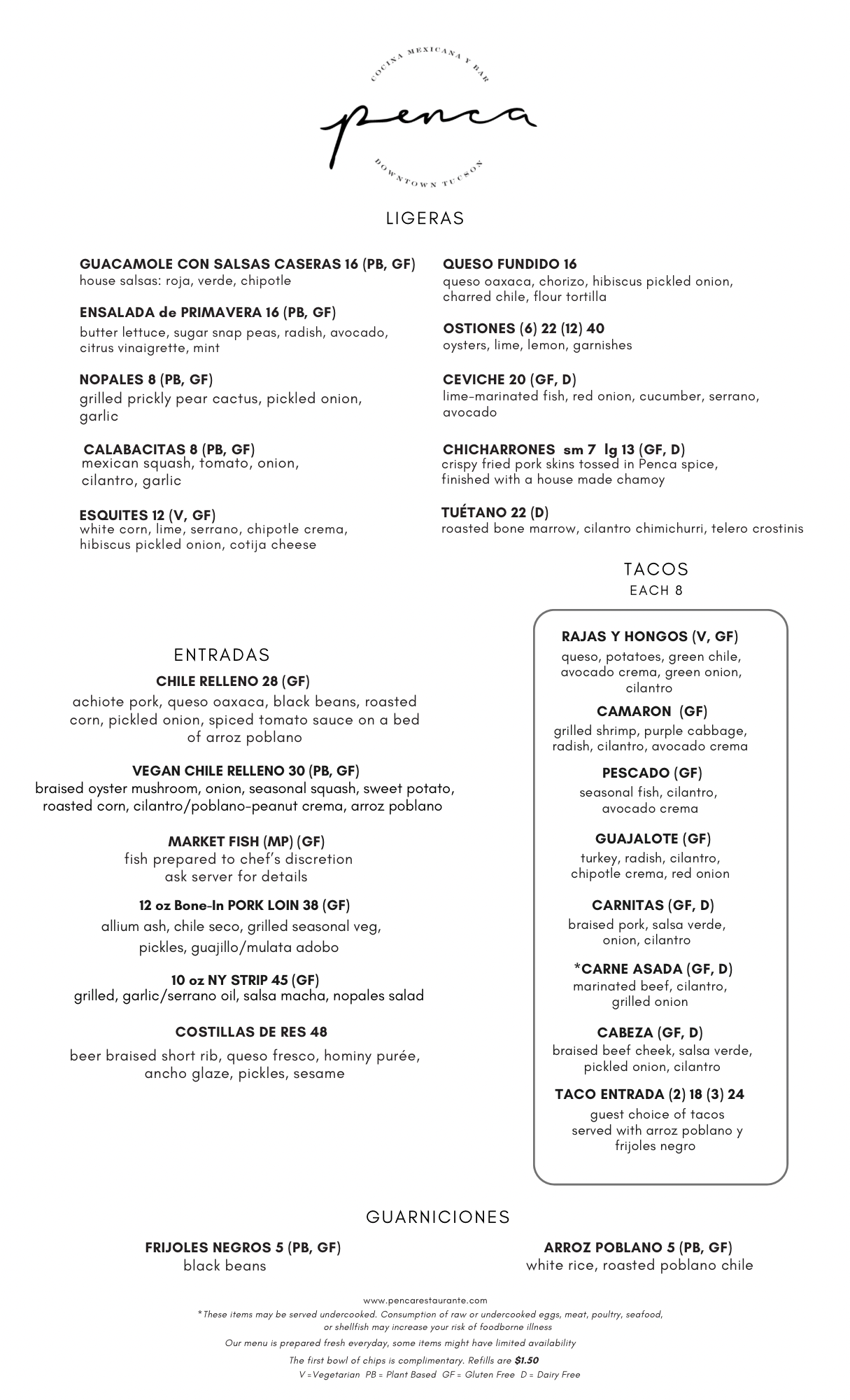 Menu of a Mexican restaurant with various dishes listed, including Guacamole, Spring Salad, and Fish Tacos, along with other appetizers, entrees, and guarniciones.