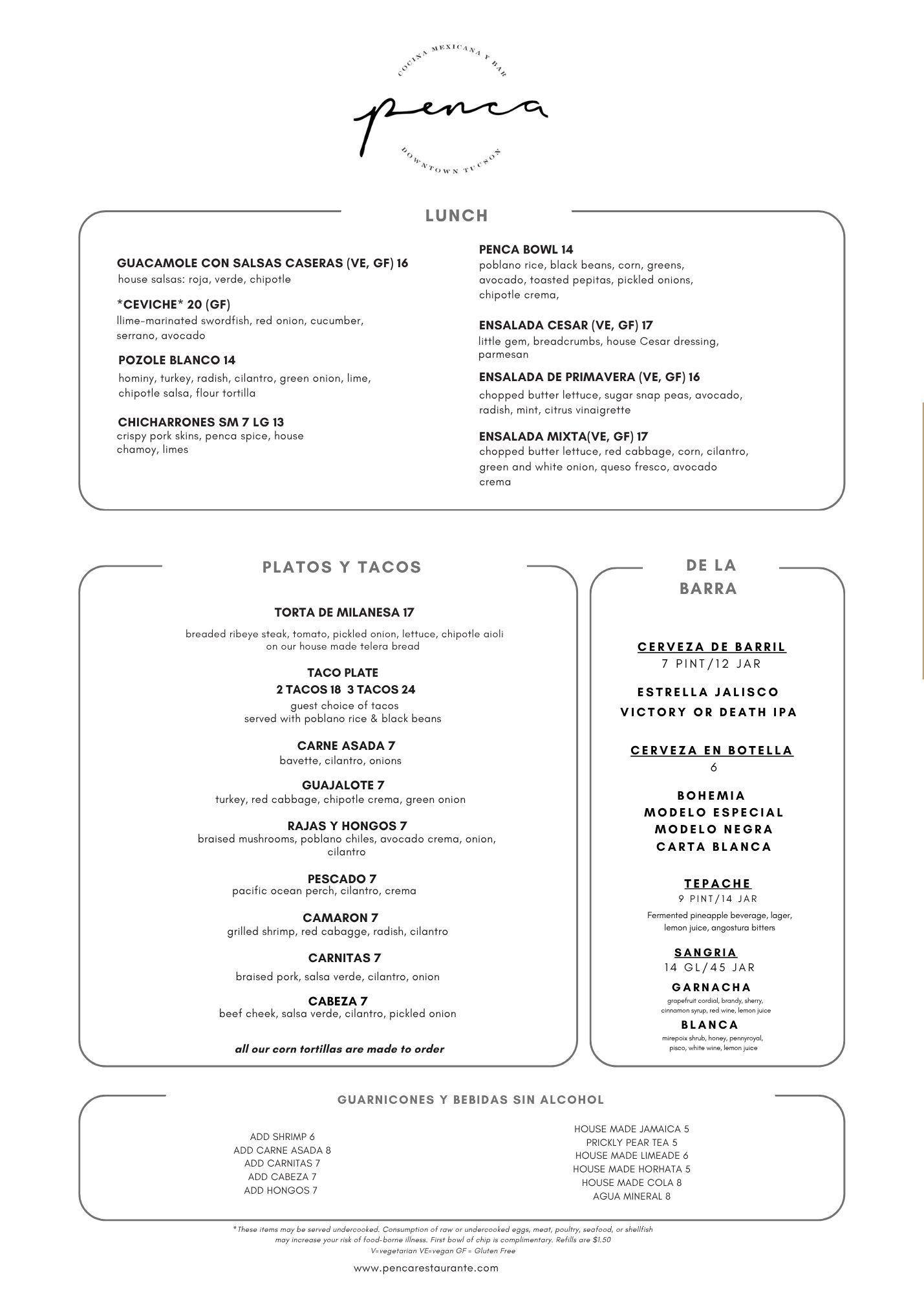 Restaurant menu featuring Mexican and seafood dishes, tacos, drinks, and beverages.