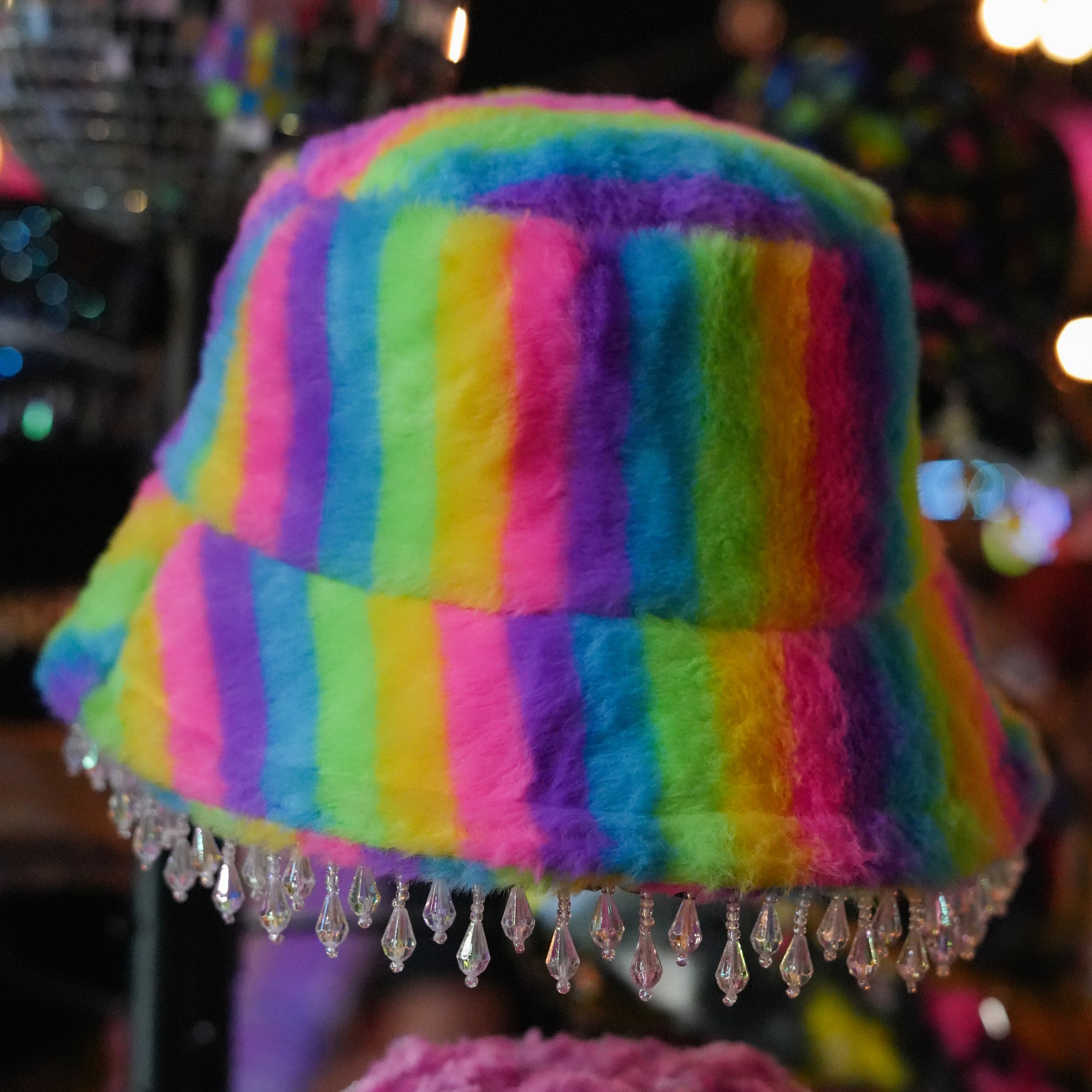 rainbow road fuzzy bucket hat