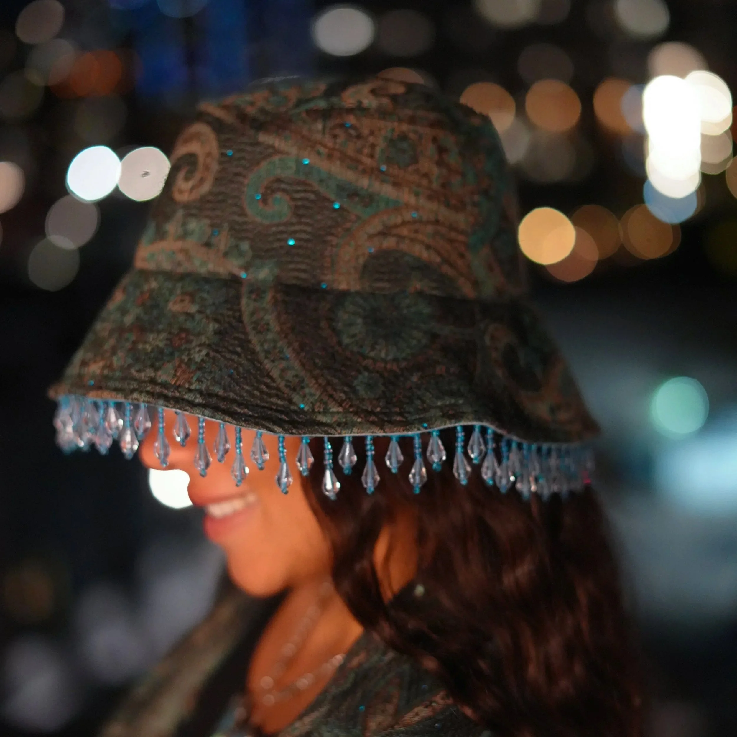 lumina x disco ~ blue rhinestone pashmina bucket hat