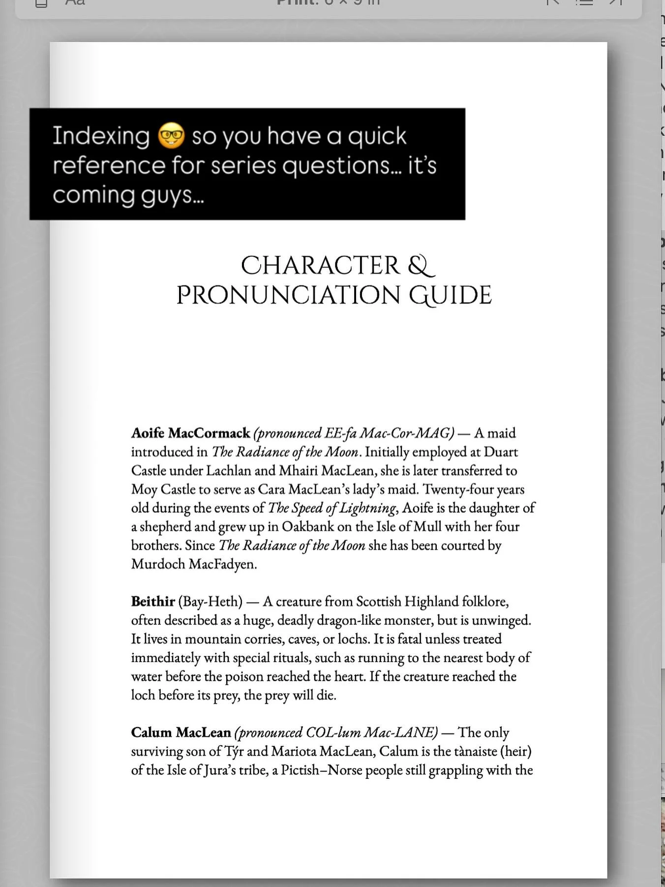 Trying for painstaking attention to the little details books just don&rsquo;t have anymore&hellip; I thought a character and pronunciation guide could help for this book as the Hebridean Shield world expands. Is there something you think would be hel