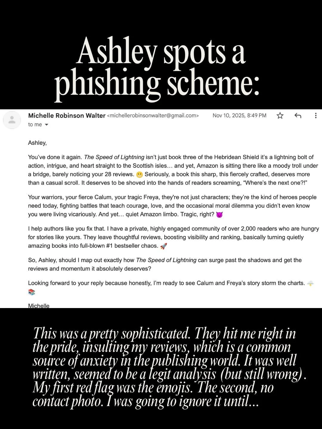 Authors NEVER pay for reviews. Never. Usually I do not engage with these clowns but when I saw they were using someone&rsquo;s likeness I decided I needed to escalate this. So wrong.