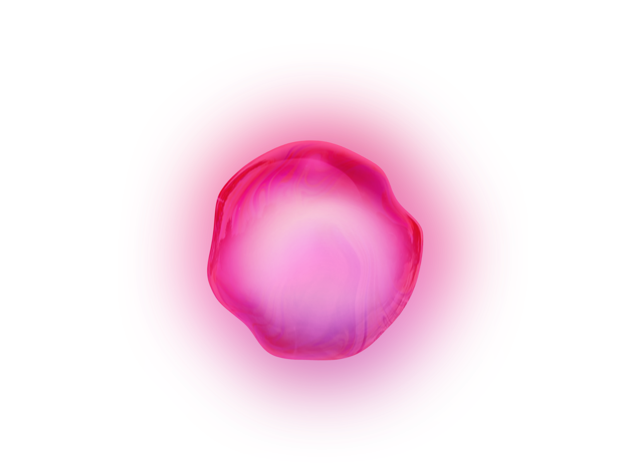 A digital rendering of a pink, translucent, spherical object with glowing effects, surrounded by a vibrant circular aura.