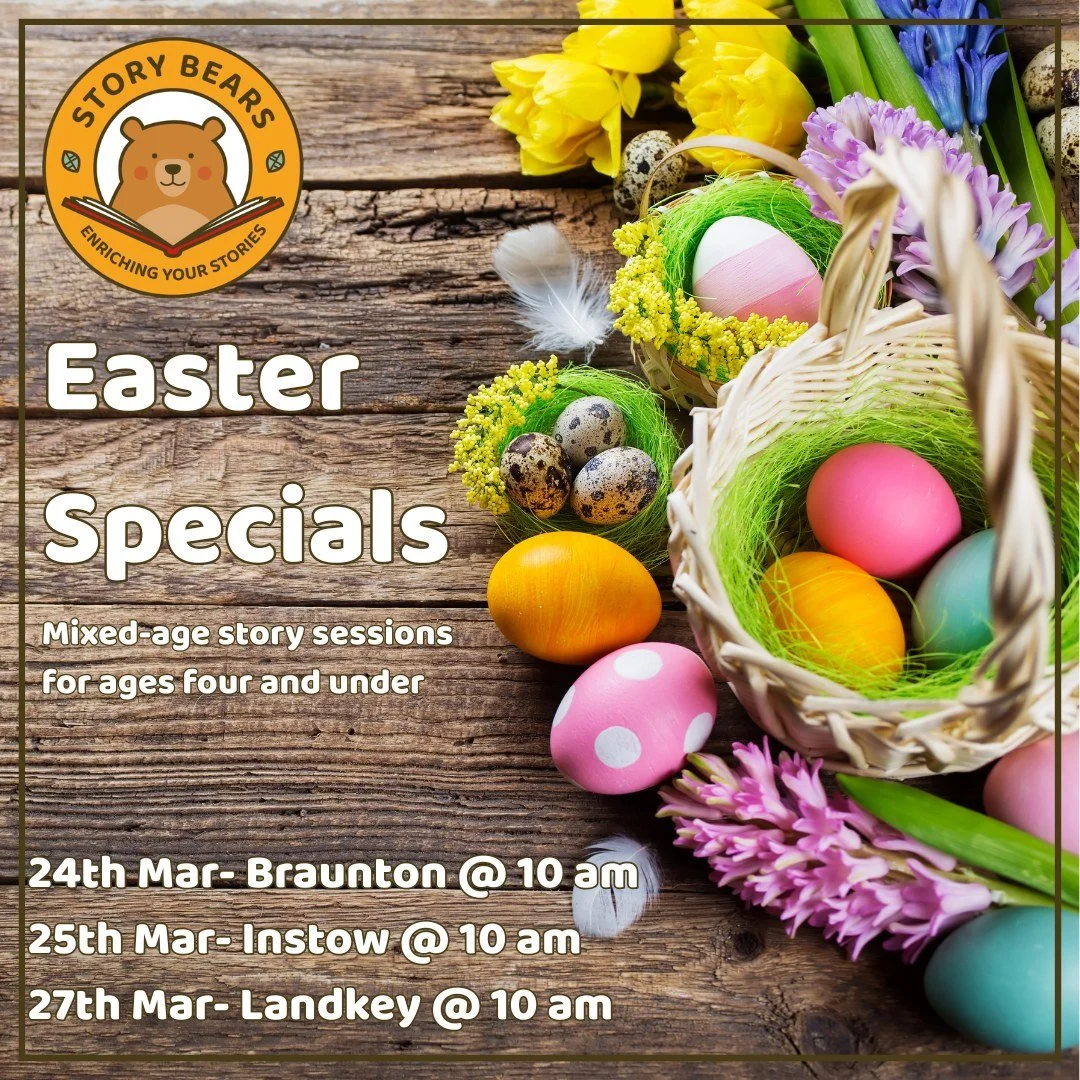 🐣 NEXT WEEK- MIXED AGE EASTER SPECIALS 🐣
(Ages 4 and under)

A wonderful session full of Easter fun!

Easter treat to take home | Photo set-up | Crafts | Egg hunt story | Songs and games | Sensory Play AND Egg Trail!

Braunton 24th Mar @ 10 am
Inst