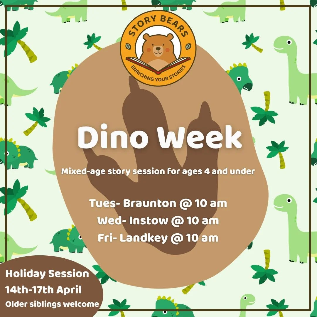 🦖 MIXED-AGE SESSIONS NEXT WEEK IN BRAUNTON, INSTOW AND LANDKEY 🦖

Let&rsquo;s have a good old stomp and roar with our dinosaur story and songs, including plenty of percussion and the parachute. We&rsquo;ll be digging up fossils and helping the litt