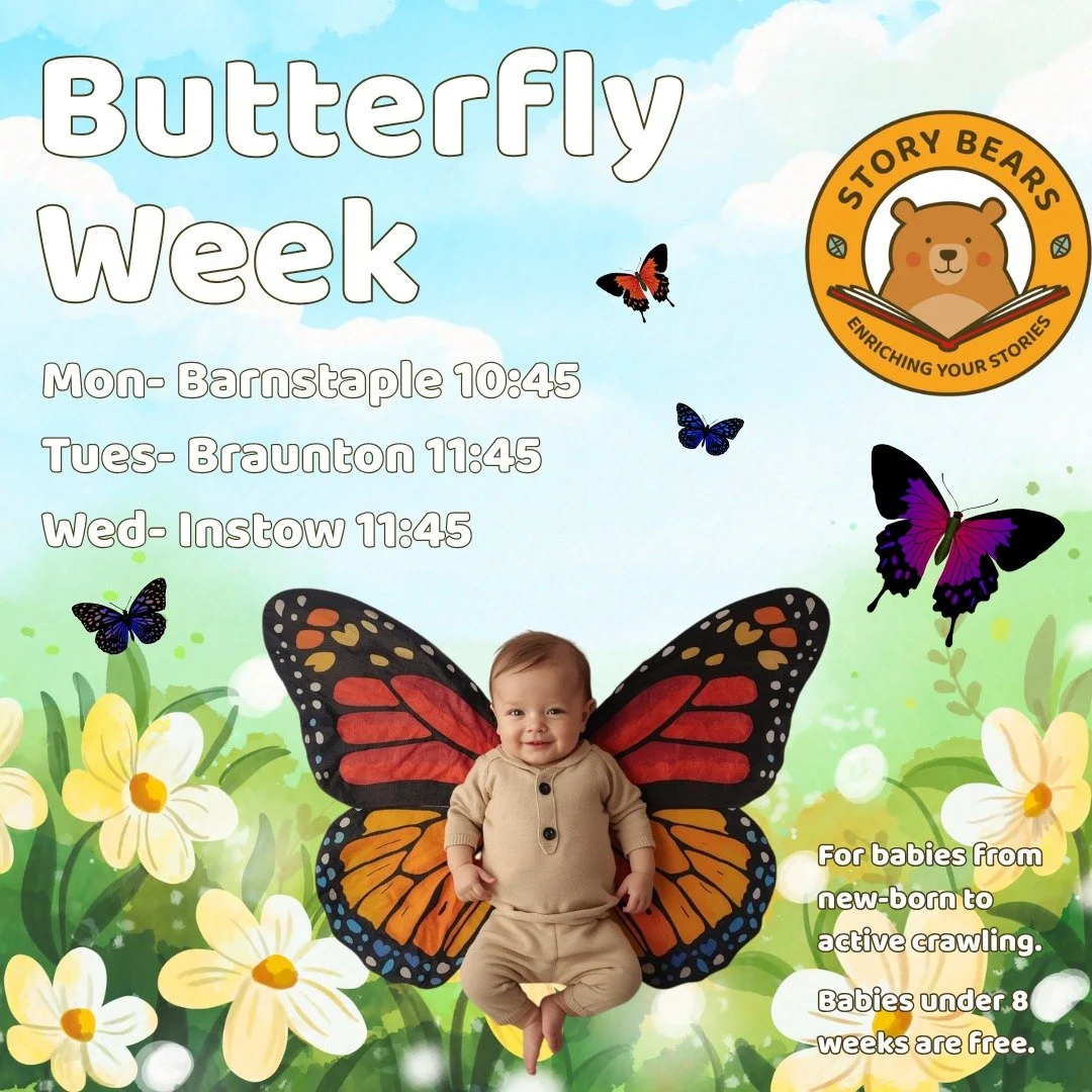 🦋 BABY SESSIONS IN BARNSTAPLE, BRAUNTON AND INSTOW 🦋

This week, we will be thinking of wiggly caterpillars and fluttering butterflies in our songs, lap rhymes and story massage. As well as the babies&rsquo; favourite parachutes and bubbles!

Each 