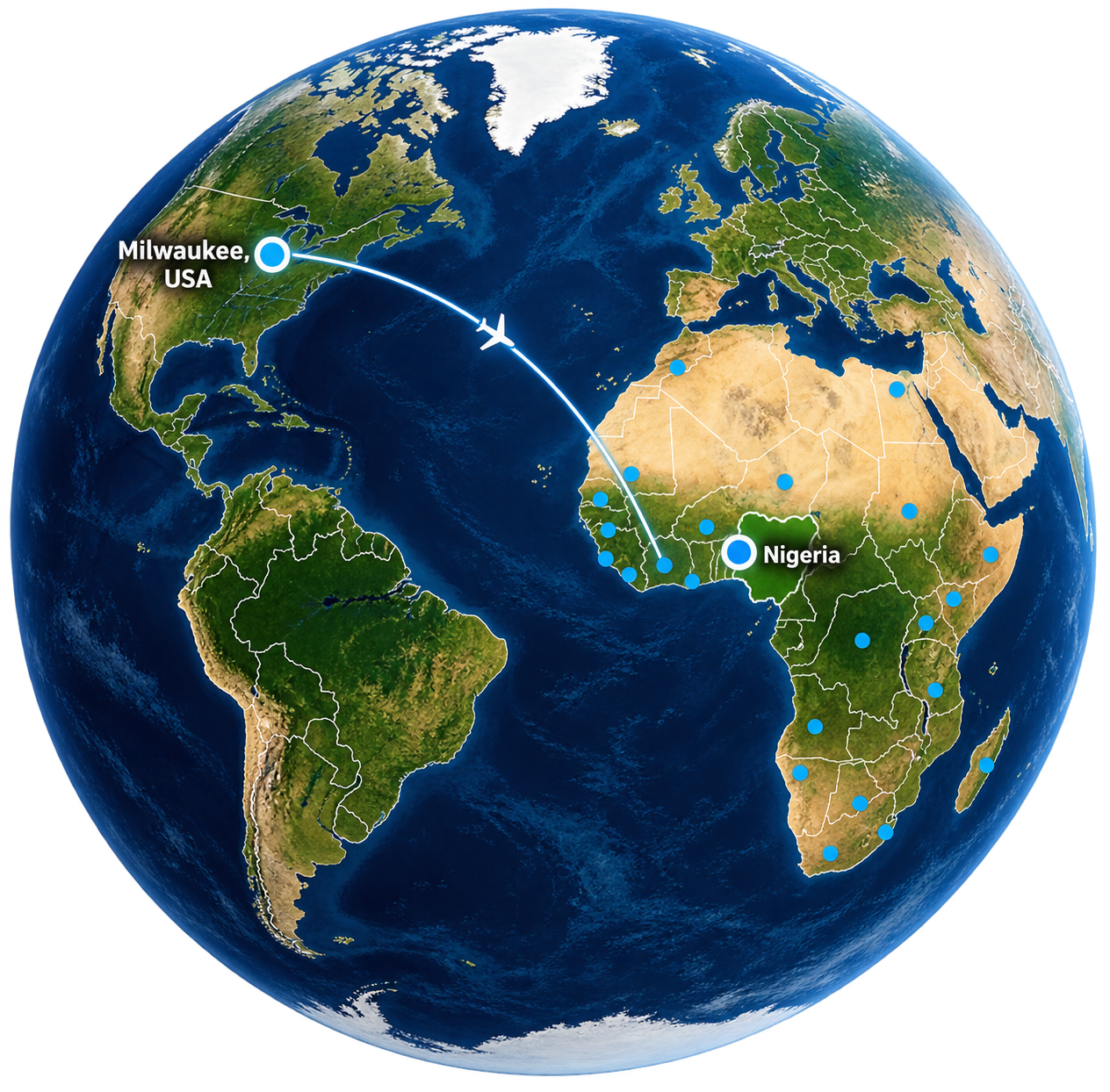 Globe map connecting Milwaukee, USA to Nigeria