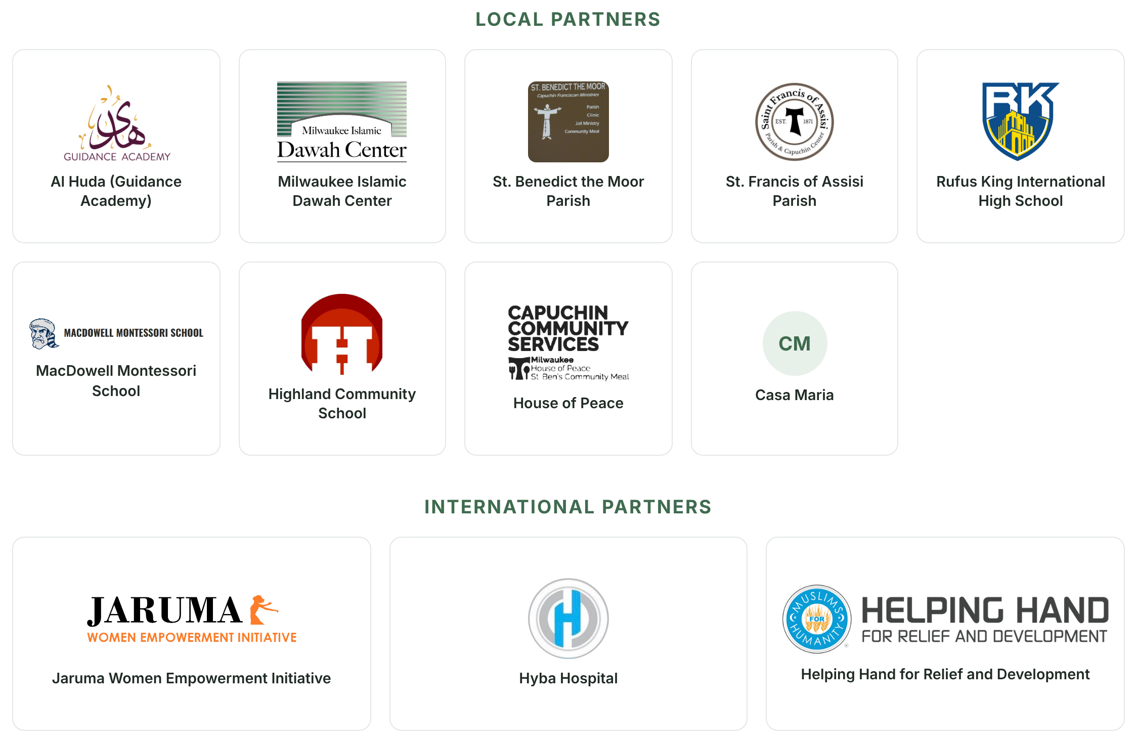 Partner logos, including Al Huda, Milwaukee Islamic Dawah Center, Casa Maria, Rufus King High School and Helping Hand for Relief and Development