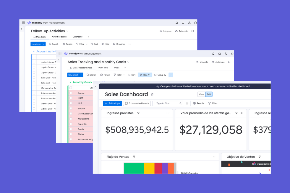 Screenshots of various sales and work management dashboards, including follow-up activities, sales tracking, monthly goals, and sales data, overlaid on a purple background.