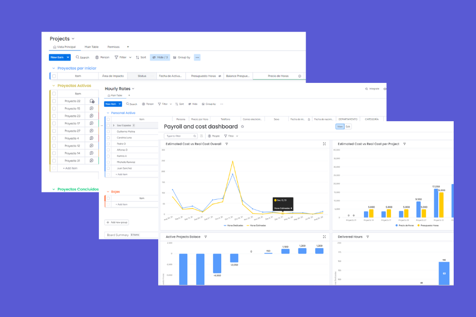 Screenshot of a project management dashboard displaying various charts and lists, including a payroll and cost dashboard, active projects balance, delivered hours, and project status categories.