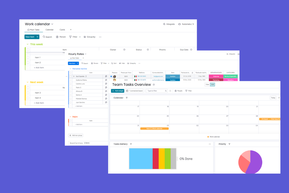 Screenshot of multiple overlapping project management and task organization screens with calendars, task lists, and team task overview on a blue background.
