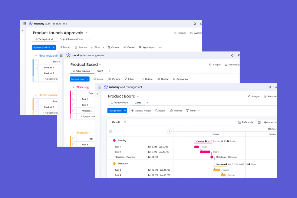 Screenshots of project management software in a layered arrangement. The screens display tabs including Product Launch Approvals, Product Board, and Gantt charts for task planning and execution.
