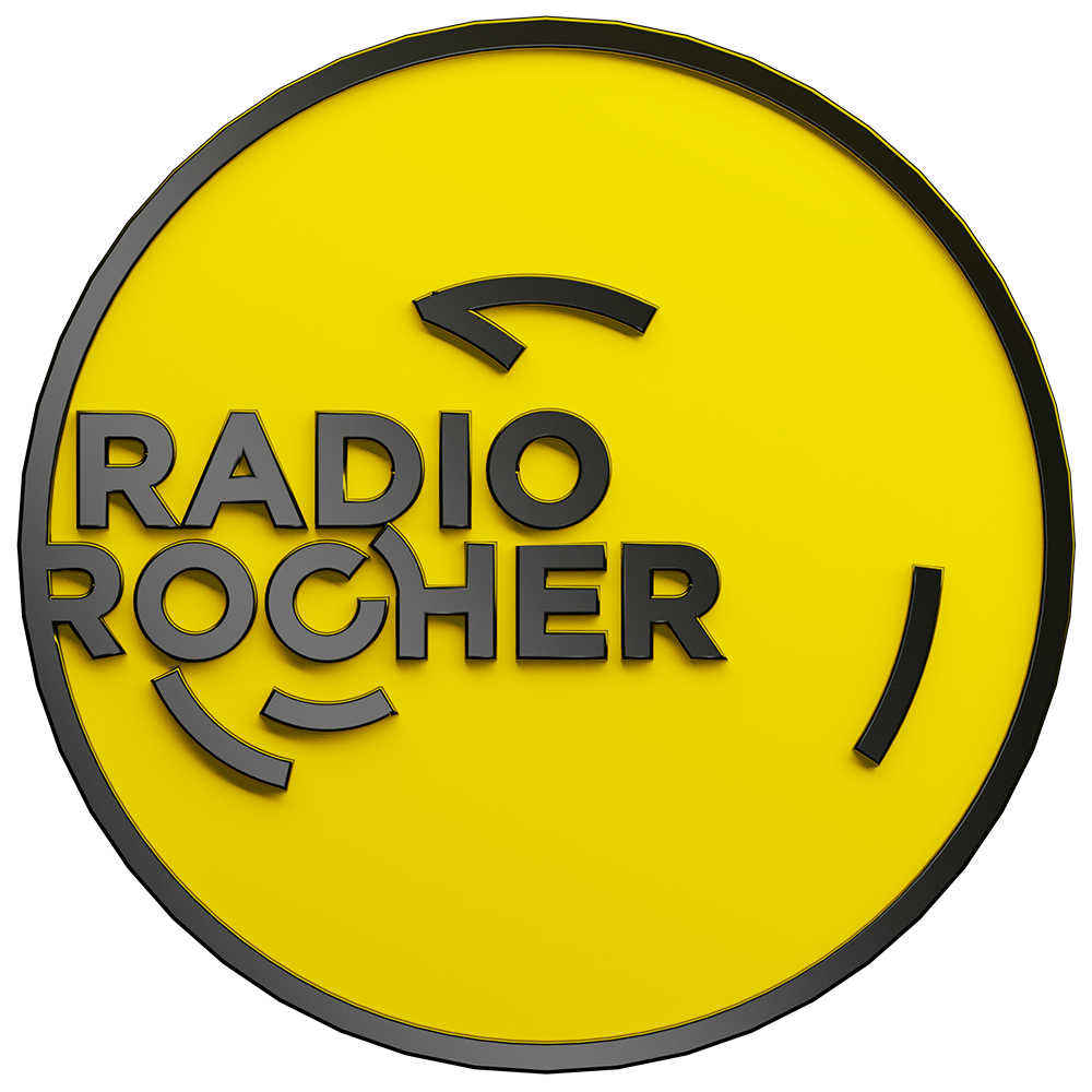 Rundes, gelbes Radio-Logo mit schwarzen 3D-Schriftzug und grafischen Linien, für Radio Rocher.
