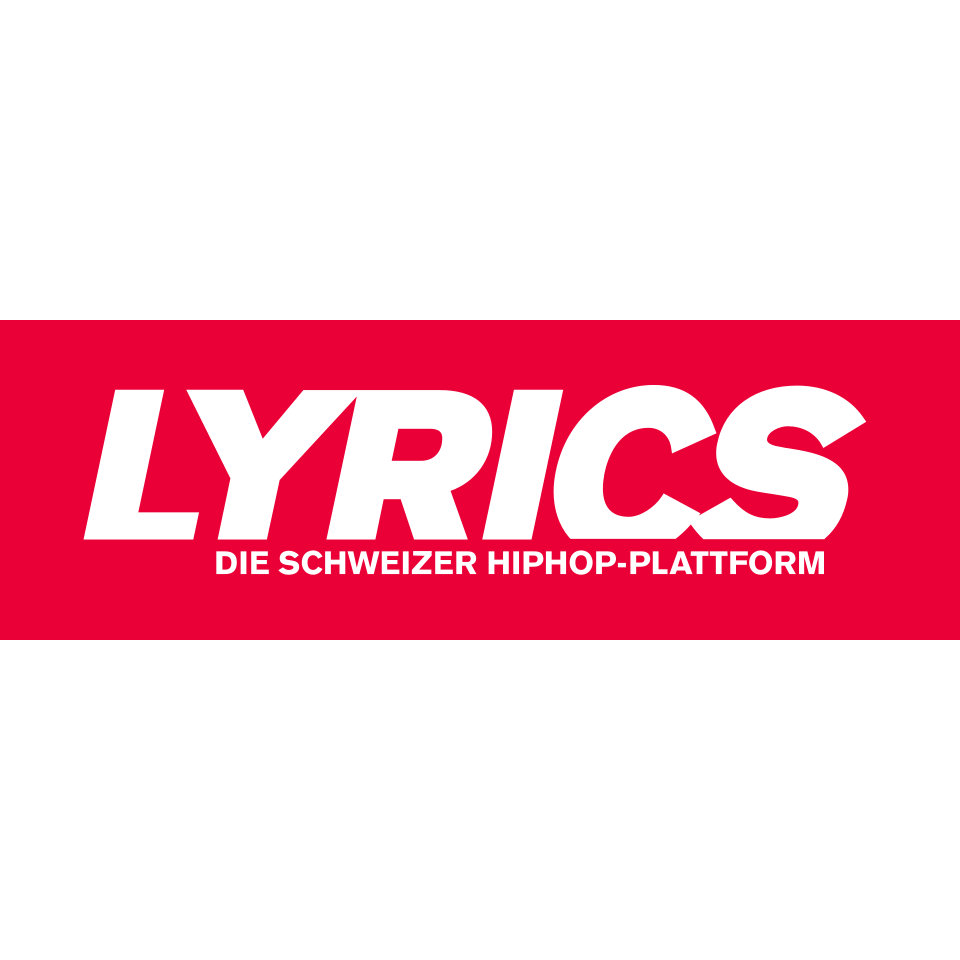 Logo mit schwarzem oberen Teil, rotem Hintergrundmit weißem Text 'LYRICS' und kleiner Schrift 'DIE SCHWEIZER HIPHOP-PLATTFORM' darunter.