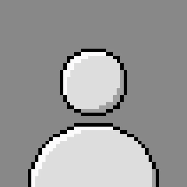 Pixelkunst-Charakter mit grauem Kopf und Oberkörper auf grauem Hintergrund