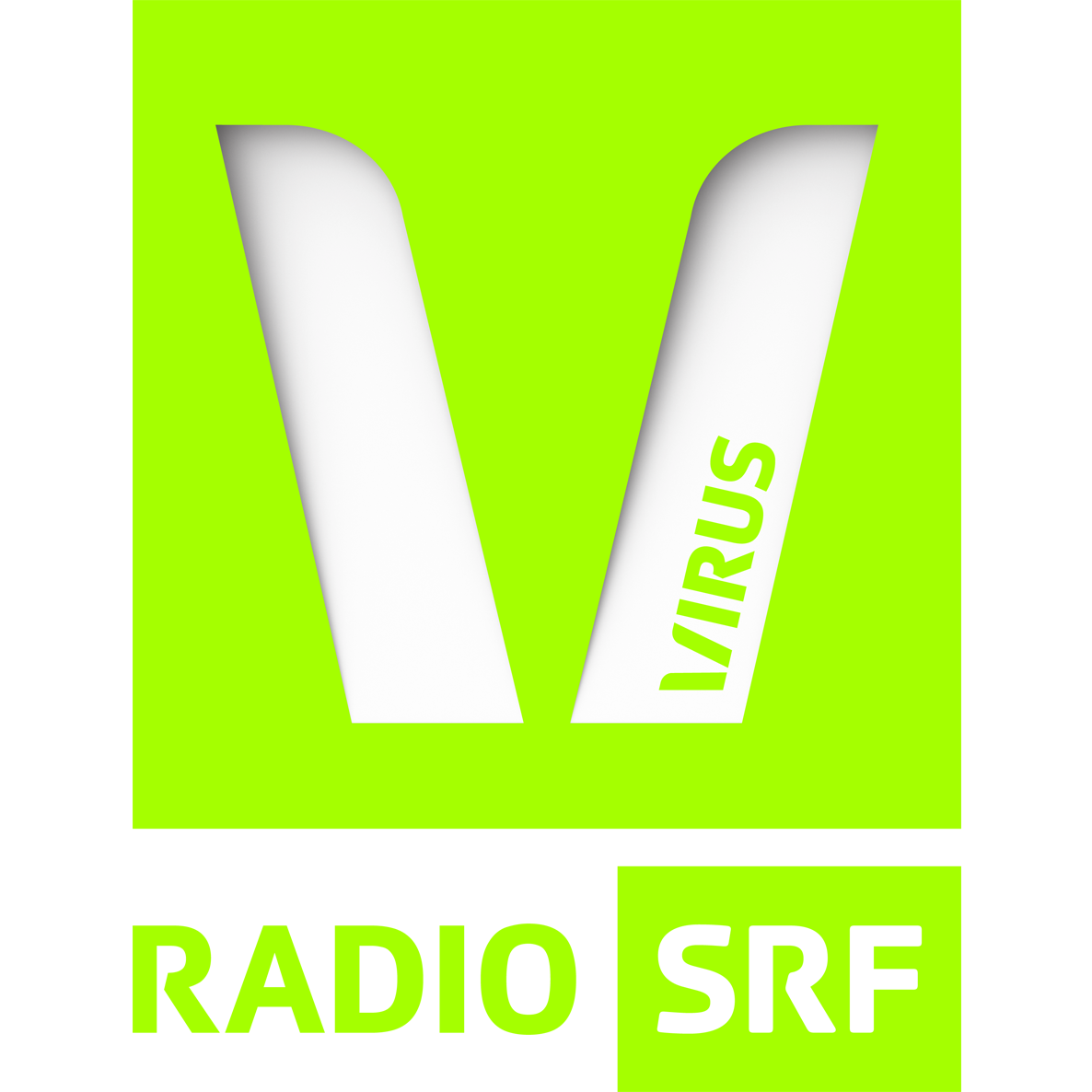 Logo mit großen weißen V auf grünem Hintergrund, mit dem Wort 'VIRUS' entlang der linken Seite des V und der Abkürzung 'SRF' in weiß im unteren rechten Bereich