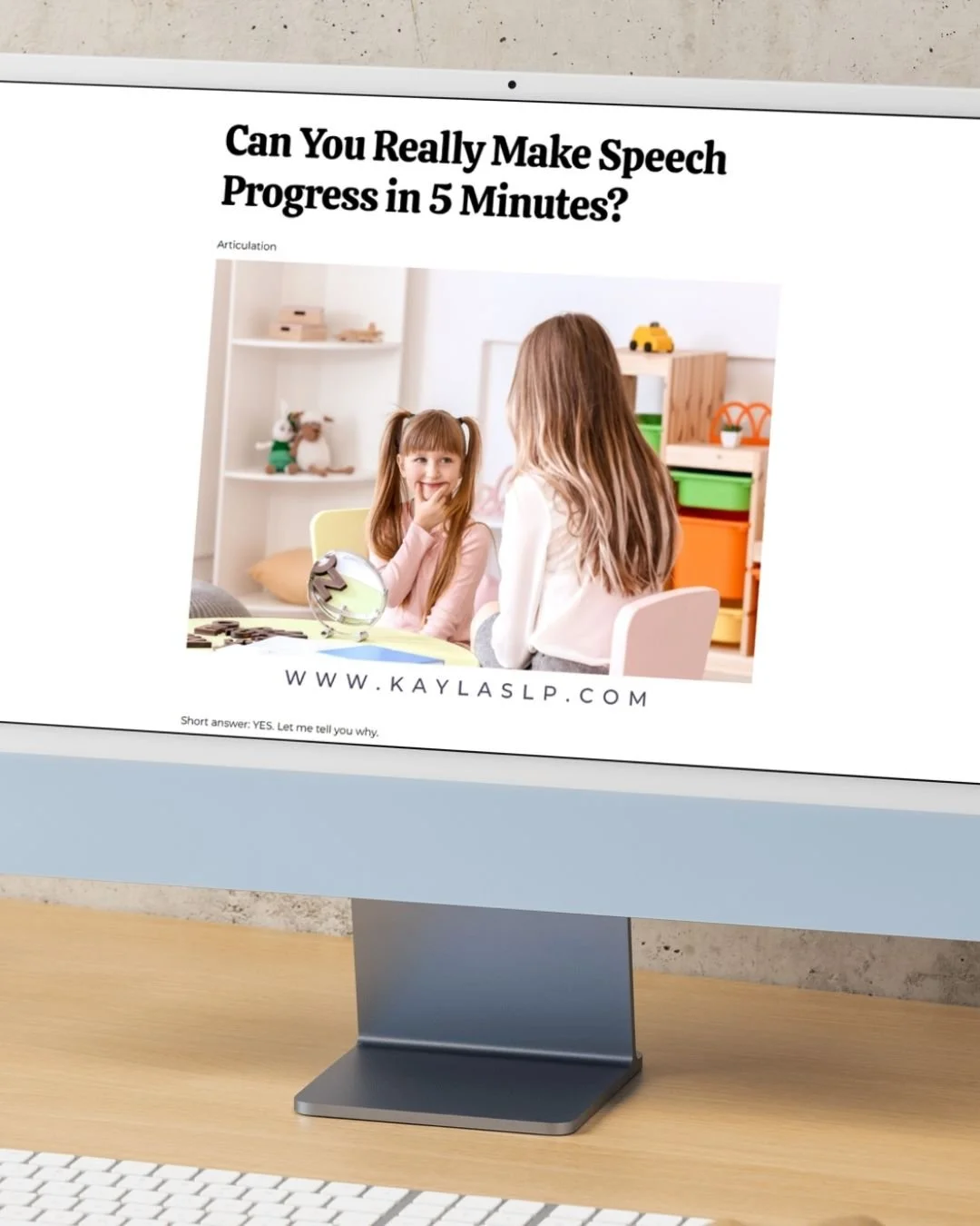Kayla SLP's blog titled "Can You Really Make Speech Progress in 5 Minutes?" visible on a desktop screen