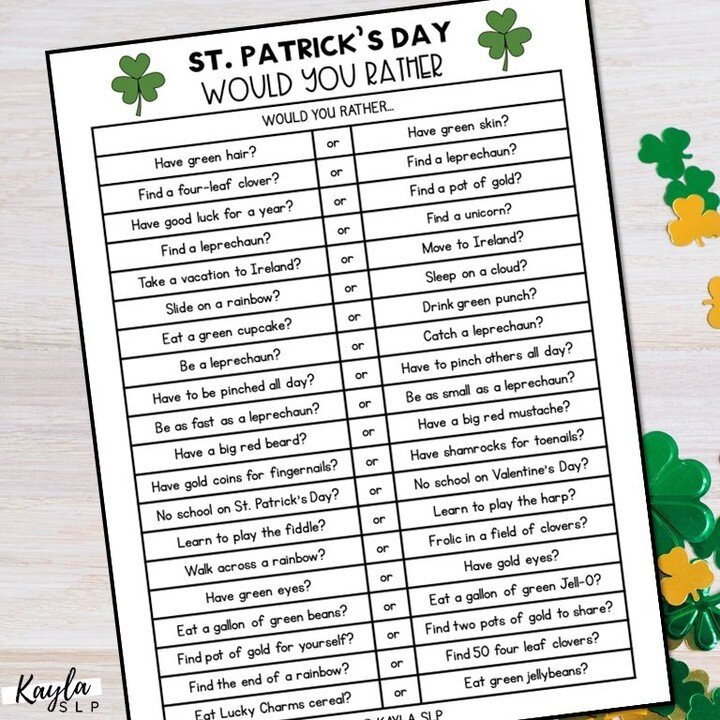 🍀 FREE - St. Patrick's Day Would You Rather 🍀⁠
⁠
🤫 These are not available on TPT, only in my subscriber-exclusive library. I hope you'll join in the fun and grab these fun, free activities!⁠
⁠
If you've already signed up for my newsletter, then y